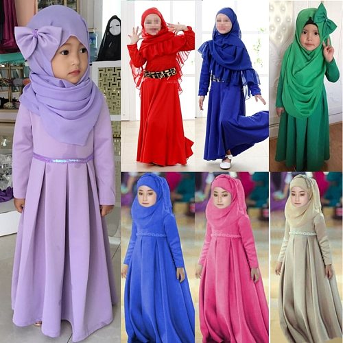 Fashion Muslim Kids Dress Headscarf Bow Tie Set Abaya Robe Arab Dubai Child Kaftan Hijab Islamic Girls Eid Party Gown Jilbab