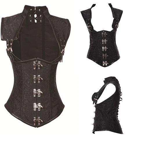 Black Brocade Collared Top Sexy Cupless Waist Trainer Vest Corset Gothic Waist Slimming Corsets Steel Boned Steampunk Clothing