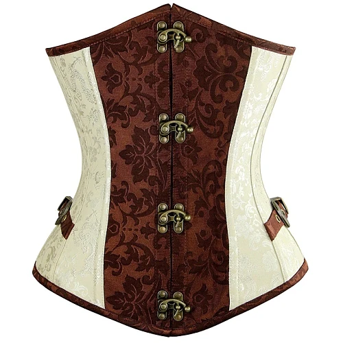 Brown and Lvory Underbust Corset Goth Buckle Highest Quality Flowers Pattern Steampunk Corset