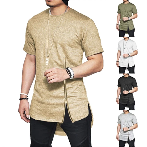 Muslim Fashion T-shirt Slim Men Short Sleeve Zipper Cotton Saudi Arabia Islamic Clothing Kaftan Caftan Jubba Thobe Solid Color