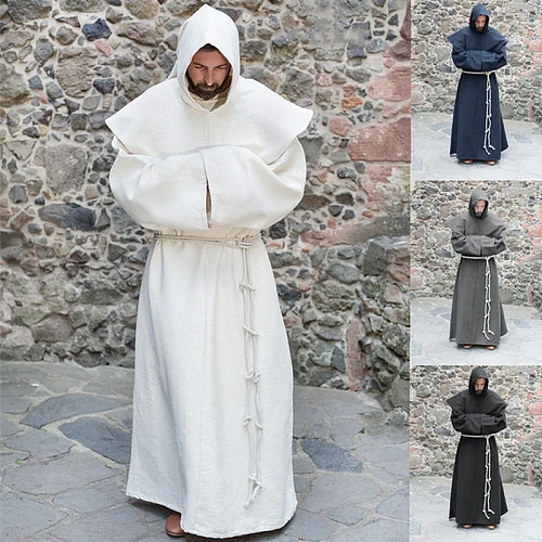 Vintage Men Jacket and Cap Sets Retro Medieval Priest Monk Robe Hooded Coat for Wizard Sorcerer Oversize Coats Mens Outfit Set