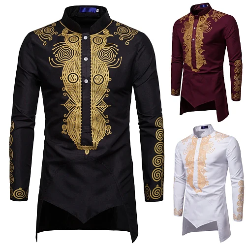 Men Shirt Slim Long Sleeve Print Mid-length T-shirt Stand Collar Color Block For Male Young Fashion Muslim African Tee Shirts