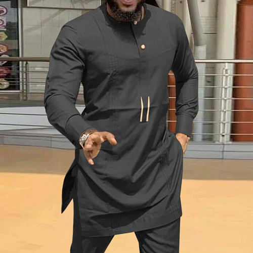 Islam Kaftan Men's Shirt 2021 Summer Long Sleeves O-Neck Color Block Mid-Length Ethnic Muslim Man Kurta European Clothing