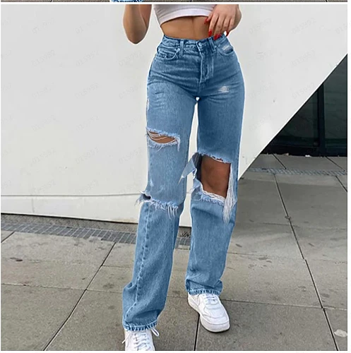 Straight high waist fashion casual retro jeans women 2021 new style ripped holes are thin Y2K street trend women's pants women