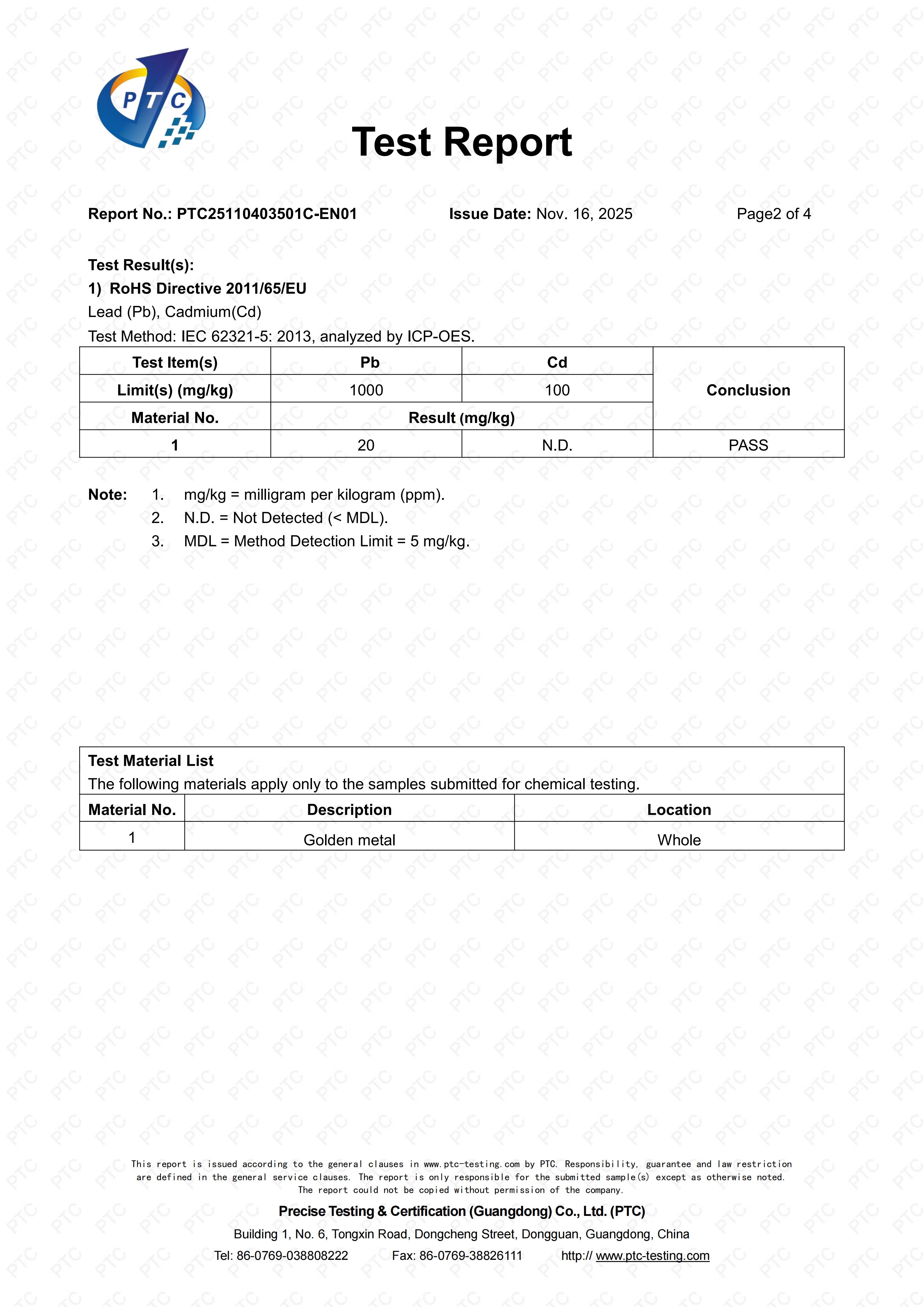 Touchlove Jewelry lead and cadmium test results