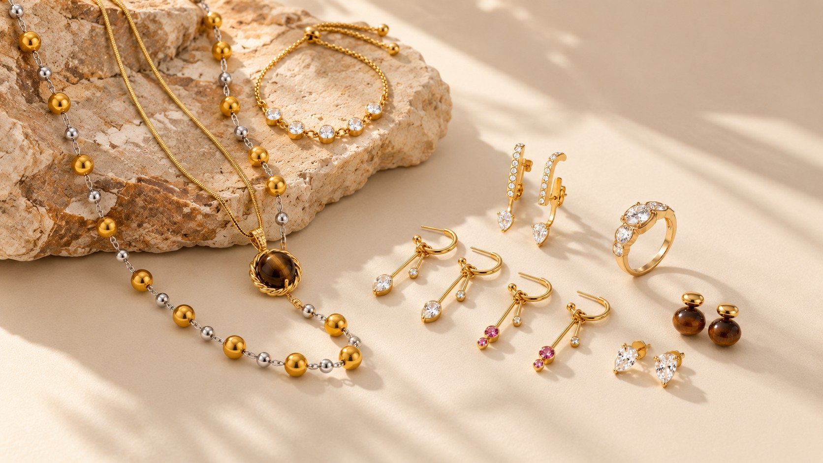 316L stainless steel jewelry collection including necklaces, earrings, bracelet and ring by Touchlove Jewelry