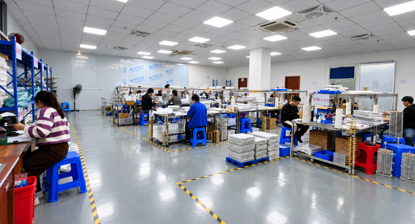 Stainless steel jewelry assembly workshop with workers at Touchlove Jewelry factory in Dongguan, China