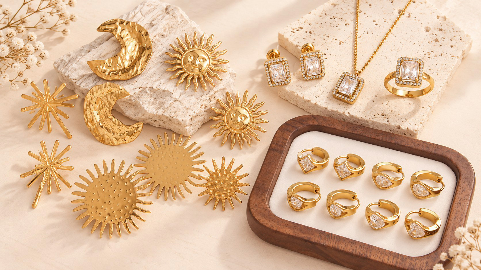 PVD gold-tone stainless steel jewelry collection including rings, necklaces, earrings and bracelets