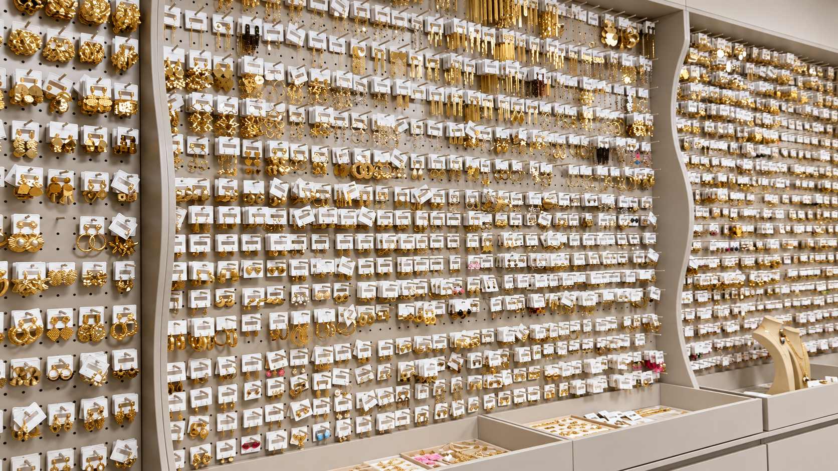Stainless steel jewelry supplier sample room with organized earring and jewelry styles