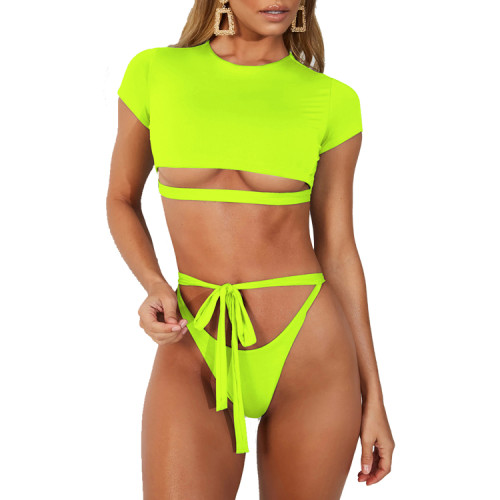 Womens Short Sleeve Bikini Sport Top High Cut Thong Bikini Swimwear