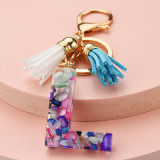 Fashion Leather Initial Letter Tassel Circle Key Ring Resin Acetate Acrylic Keychain For Woman Gift