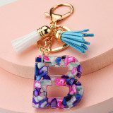 Fashion Leather Initial Letter Tassel Circle Key Ring Resin Acetate Acrylic Keychain For Woman Gift