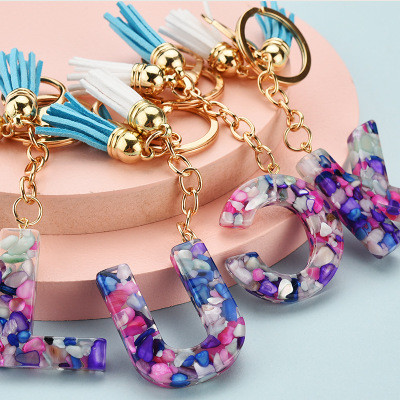 Fashion Leather Initial Letter Tassel Circle Key Ring Resin Acetate Acrylic Keychain For Woman Gift