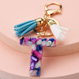 Fashion Leather Initial Letter Tassel Circle Key Ring Resin Acetate Acrylic Keychain For Woman Gift