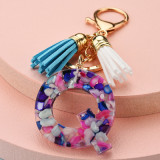 Fashion Leather Initial Letter Tassel Circle Key Ring Resin Acetate Acrylic Keychain For Woman Gift