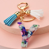 Fashion Leather Initial Letter Tassel Circle Key Ring Resin Acetate Acrylic Keychain For Woman Gift