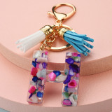 Fashion Leather Initial Letter Tassel Circle Key Ring Resin Acetate Acrylic Keychain For Woman Gift