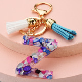 Fashion Leather Initial Letter Tassel Circle Key Ring Resin Acetate Acrylic Keychain For Woman Gift