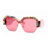 Women Rhinestone Shades Red Lens Sun Glasses Half Frame Diamond Sunglasses