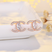 Women Luxury Rhinestone Diamond Gold Double Cc Earrings Stud Jewelry