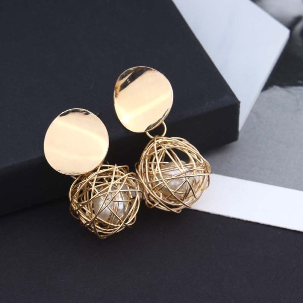 Popular Hollow Earing Cheapest Gold Eardrop Temperament Woven Ball Pearl Earrings