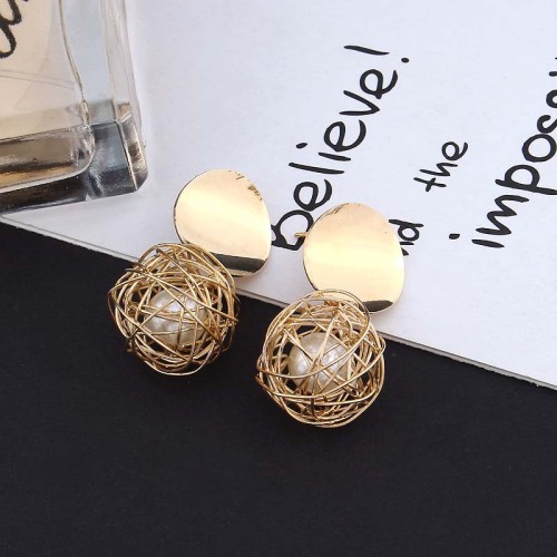 Popular Hollow Earing Cheapest Gold Eardrop Temperament Woven Ball Pearl Earrings