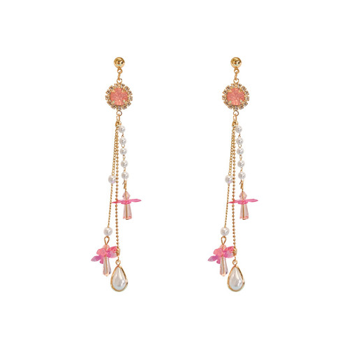 Pink Diamond Tassel Crystal Korean Flower Earrings