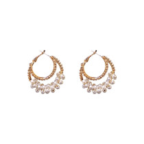 14K Two Layer Bead Rhinestone Hoop Earrings