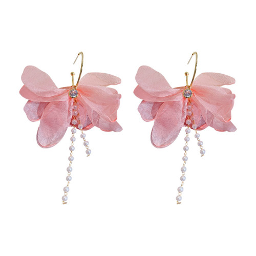 Pearl Tassel 14K Hoop Silk Flower Earrings For Young