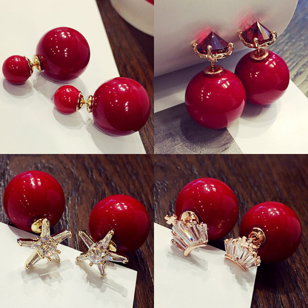 New Year'S Day Red Beads Star Heart Pig Crown Shape Double Sided Ball Pearl Double Sided Earrings