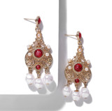 Hot Seller  Womens  Delicate Retro Aulic  Filigree  Open Casting Heart Pearl Stone  Drop  Earrings