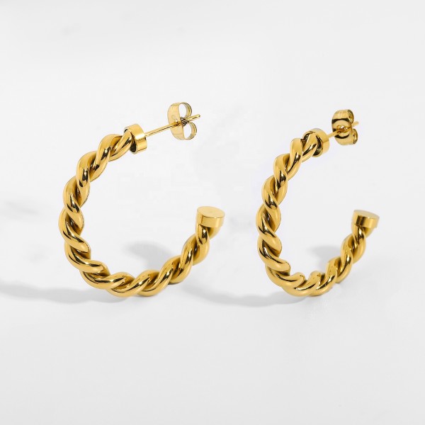 Big C Shape Twist Titanium Steel Gold Earrings Trendy 18K Gold Plating Stainless Steel Rope Hoop Earrings For Women