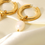 2021 New Arrival 18K Gold Plated Stainless Steel Party Jewelry Accessories Freshwater Pearl Pendant Huggie Earrings For Women