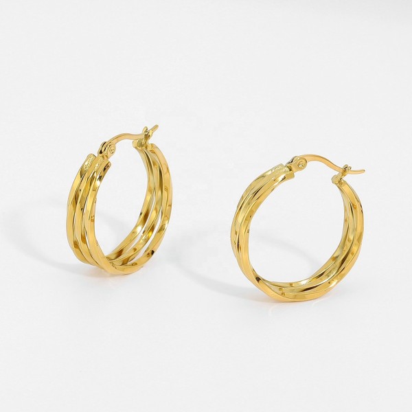 Three Layered Wavy Patten Chunky Earrings 18K Gold Plated Stainless Steel Statement Hoop Earrings