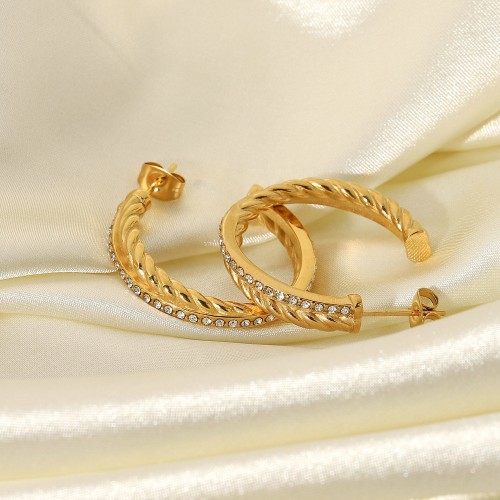 New Arrival 18K Gold Plated Zircon Cc Twisted Earring Stainless Steel Cc Shape Rhinestones Twisted Earrings For Women