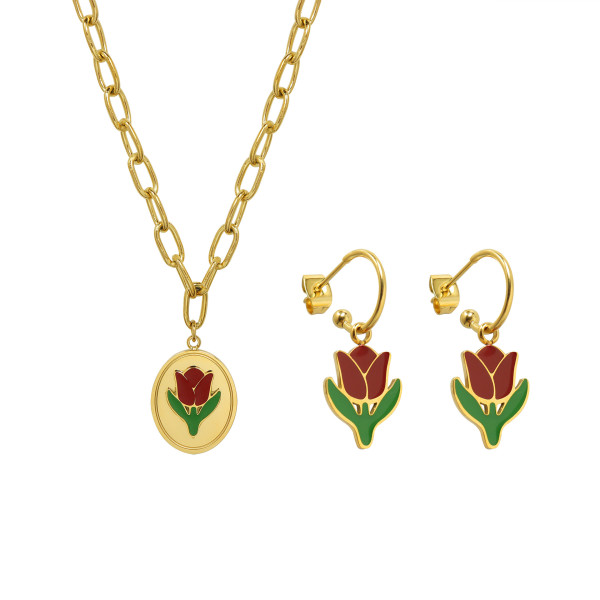 Ins Tulip Flower Necklace Clavicle Chain Titanium Steel 18K Gold Plated Stainless Steel Tulip Earrings Jewelry Set