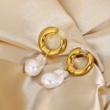 French Style Big Baroque Pearl Charm Earrings Female Gold Plated Stainless Steel Huggies Earrings