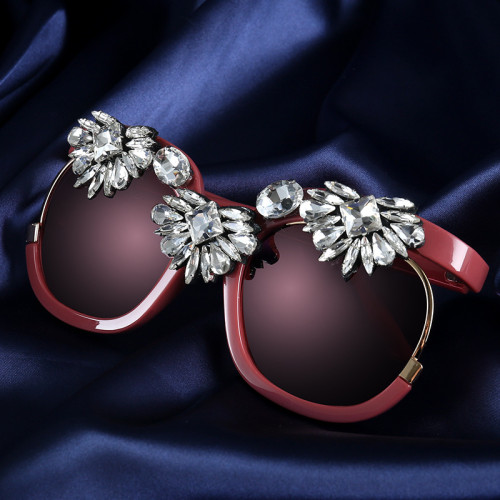 Trendy Large Frame Handmade Glasses Crystal Ladies Sunglasses With Diamond