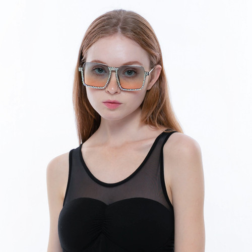 New Half-Frame Transparent Sunglasses Luxury Handmade Rhinestone Ladies Fashion Sunglasses