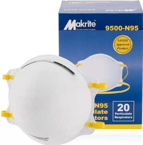 NIOSH Certified Makrite 9500-N95 Pre-Formed Cone Particulate Respirator Mask, M/L Size (Pack of 20 Masks)