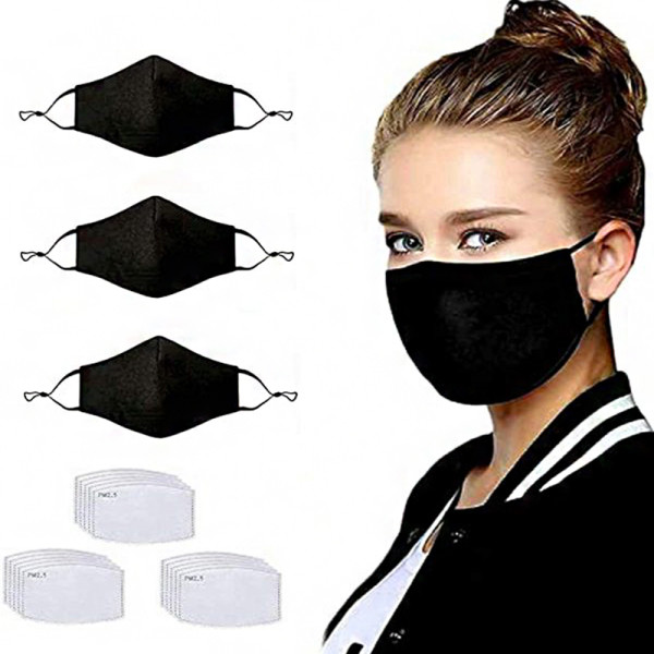 3 Pcs Unisex Reusable Cotton Adjustable Protective Face Protector 4 Ply, With 10 Pcs Replacement Filters