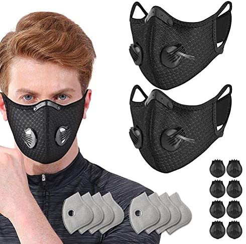 2pcs Unisex Protect Mouth Cover Adjustable Reusable with 8 Filters 8 exhaust valves,for Allergies Woodworking Running Sanding Mowing（Black）