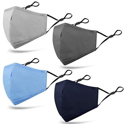 4 Pcs Unisex Washable Reusable Adjustable Protective 3 Layers Cotton Face Masks (Navy Blue/Light Blue/Navy Grey/Light Grey)