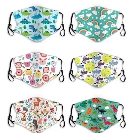 Kids Cute Cartoon Face Bandanas Reusable Cloth Face Dust Protection with Adjustable Ear Loops（6Pcs+12Filters)