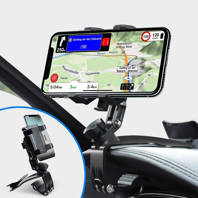 Universal Car Phone Holder Mount with Upgrade 1200 Degree Rotation & Adjustable Spring Clip for 4 to 7 inch Smartphones