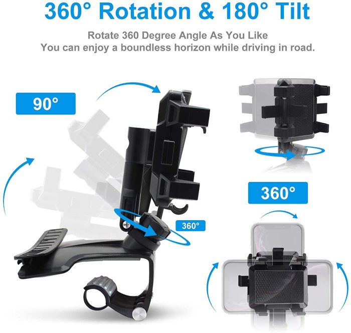 Universal Car Phone Holder Mount with Upgrade 1200 Degree Rotation & Adjustable Spring Clip for 4 to 7 inch Smartphones