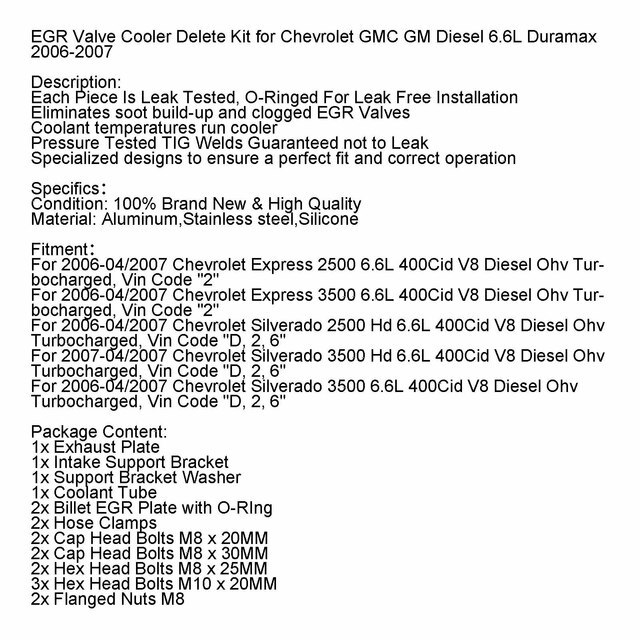 2006-2007 Duramax LBZ EGR 6.6L Chevrolet GMC GM Diesel EGR Valve Cooler Delete Kit