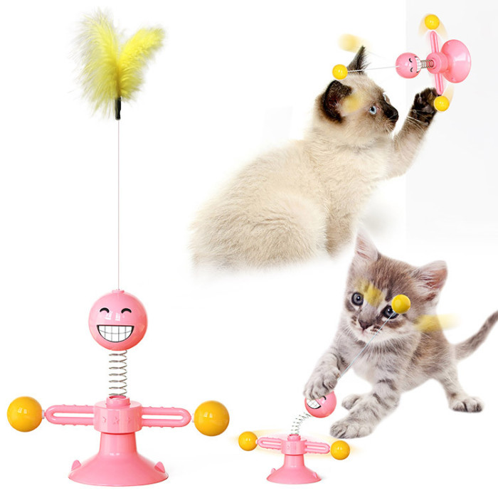 Latest Cat Toys Killing Times Kitten Toy Cats Supplies Interactive Teasing Stick with Feather Turntable Windmill Self-Playing Catnip Ball