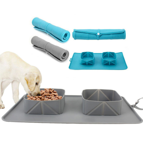 Cat And Dog Outdoor Folding Double Bowl Portable Dog Food Utensils Pet Supplies Non-slip Bowl Mat