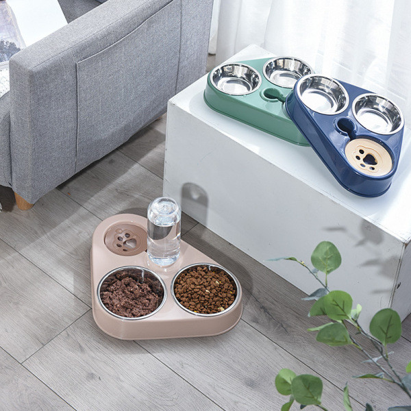 3 In 1 500ml Dog Feeder Bowl With Water Bottle Cat Automatic Drinking Food Stainless Steel Double Bowl